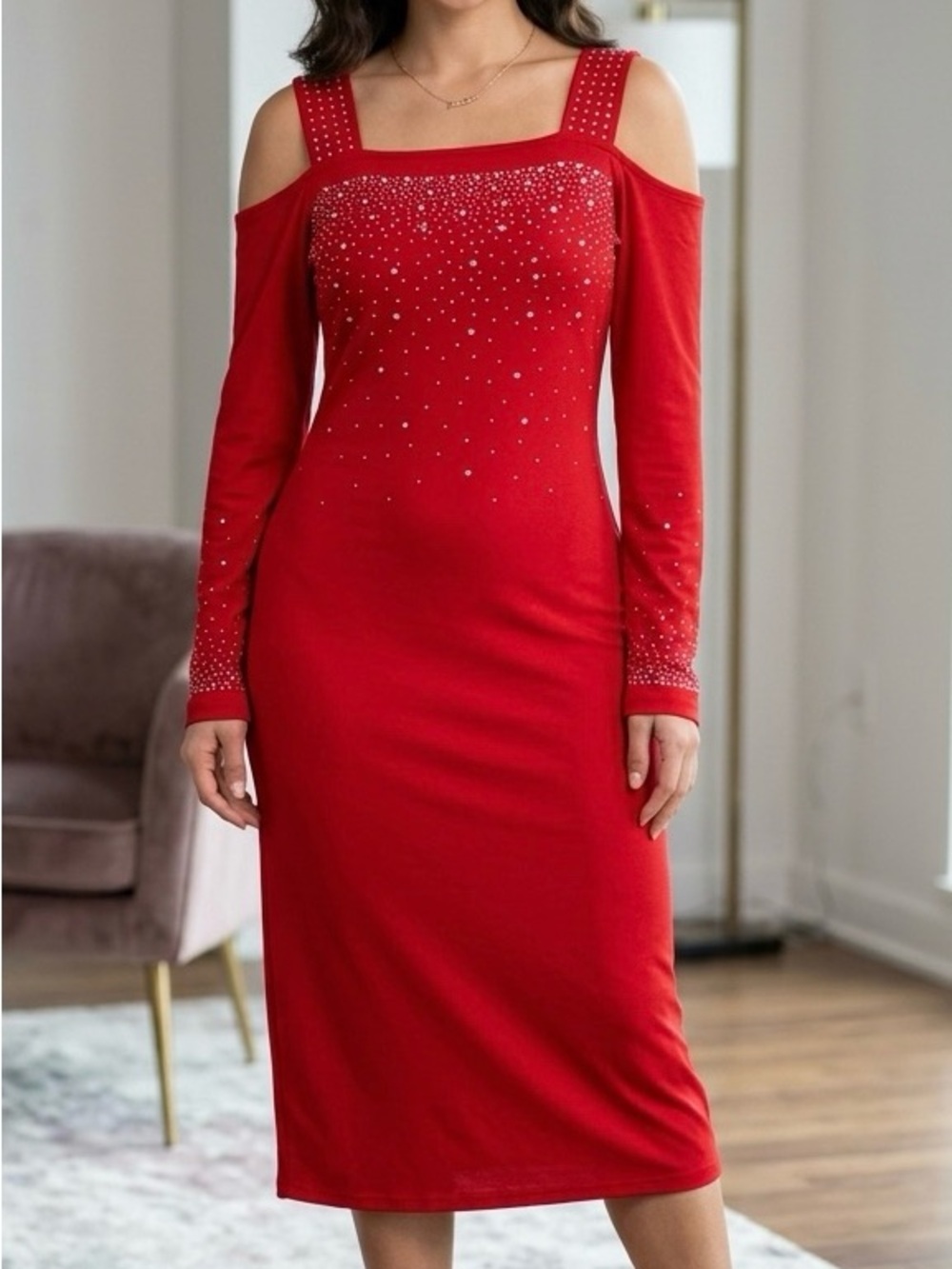 Red Rhinestone Cold Shoulder Square Neck Midi Bodycon Dress Side Slit Size M
